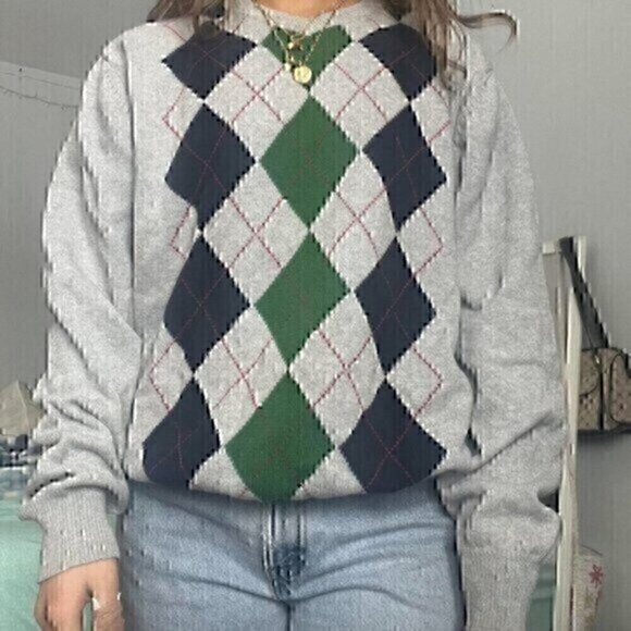 AMERICAN EAGLE Mens Gray Navy Green Red Argyle Long Sleeve Cotton V-Neck Sweater - Picture 1 of 11